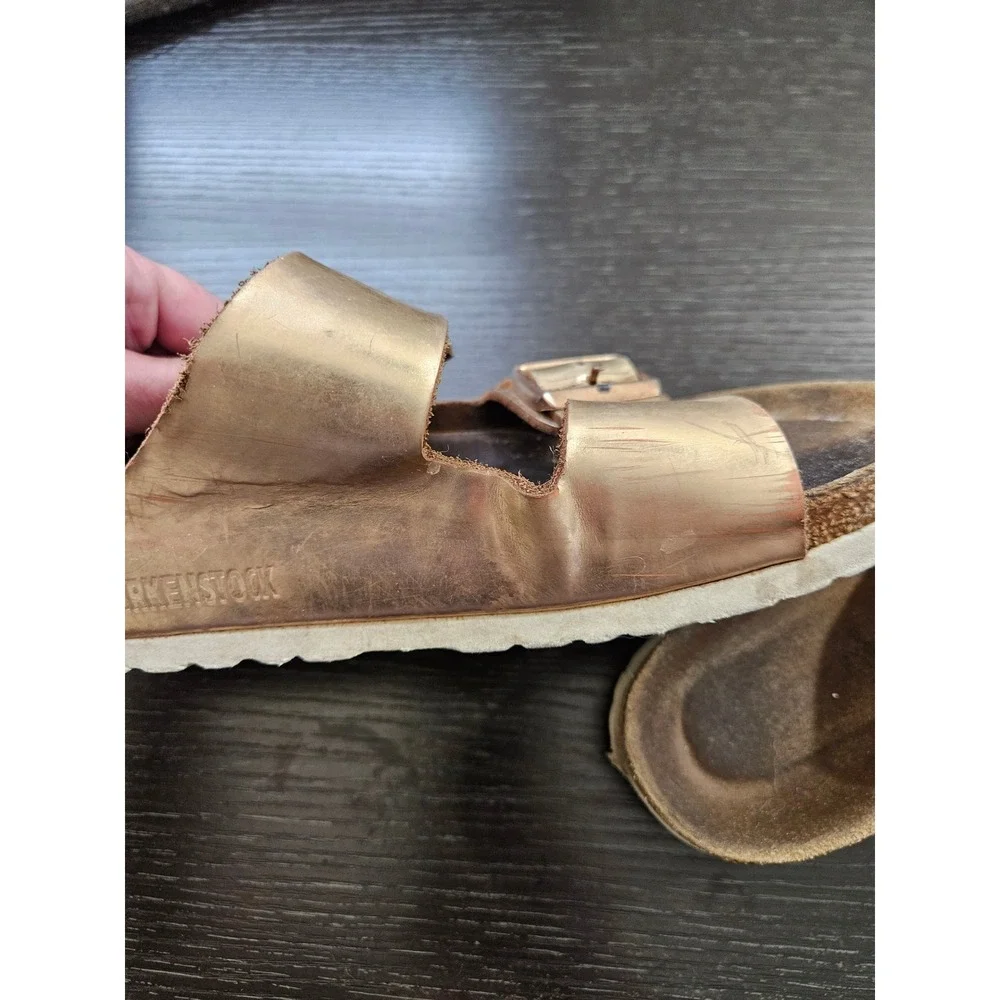 Birkenstock‎ Arizona Metallic Rose Gold Leather Two Strap Sandals Slides Womens